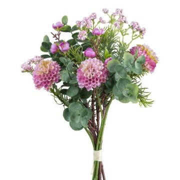 Mazzo di fiori artificiali: dalia pompon ed eucalipto ZORCA, bacche, rosa-lilla, 30 cm