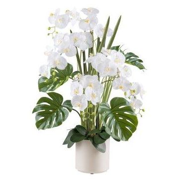 Composizione floreale artificiale con orchidea e filodendro CASTOL, Sansevieria Mikado, vaso decorativo, bianco, 110cm