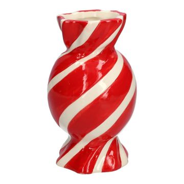 Vaso per un solo fiore bombato Bonbon AMIEL in ceramica, con linee oblique, rosso-bianco, 15 cm, Ø 8,5 cm