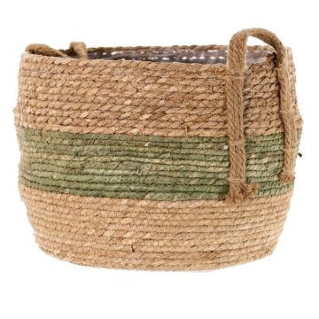 Vaso da fiori in vimini UPALI, alghe marine intrecciate, 2 manici, beige-verde, 26 cm, Ø 33 cm