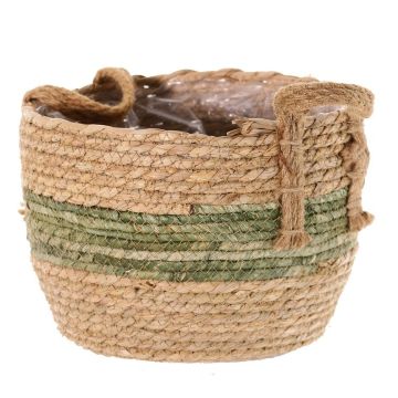 Vaso da fiori in vimini UPALI, alghe marine intrecciate, 2 manici, beige-verde, 22 cm, Ø 30 cm