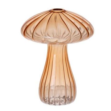 Portafiori di vetro PULCHERIA, a forma di fungo, scanalature, ambra-trasparente, 13 cm, Ø10 cm