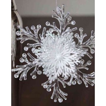 Ciondolo acrilico di fiocco di neve BALADI, glitter, trasparente-argento-bianco, Ø15cm
