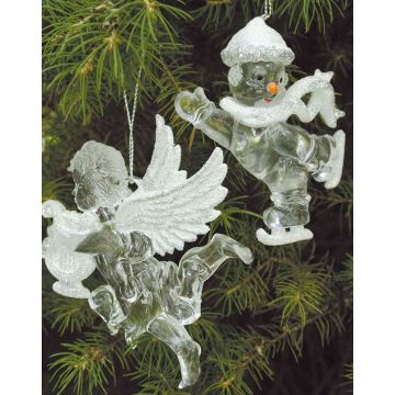 Ciondolo acrilico di angelo LINDY, 2 pezzi, arpa, lira, glitter, bianco-argento, 9x10cm