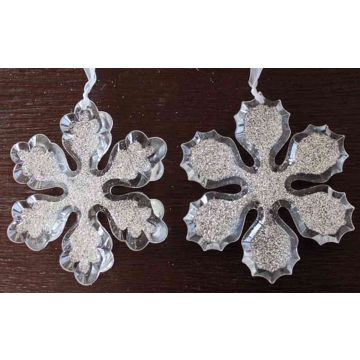Ciondolo acrilico di fiocco di neve YLVALIE, 2 pezzi, glitter, trasparente-argento, Ø10cm