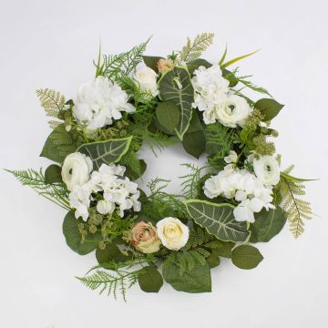 Corona decorativa di ortensie SUNA, ranuncoli, rose, bianco-verde, Ø50cm