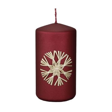 Candela a colonna DINORA con motivo a stella di paglia, rosso camino, 13cm, Ø7cm, 52h - Made in Germany