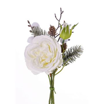 Bouquet di rose artificiali FANNI, pigne, neve, bianco, 30cm, Ø15cm