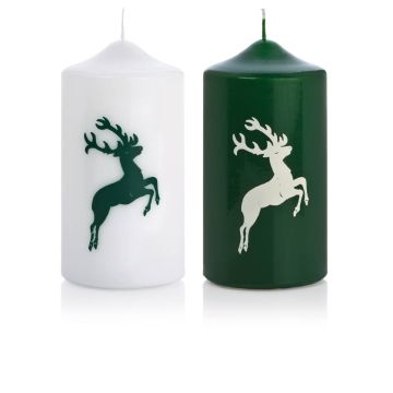 Candela con disegno / Candela di Natale DALDI, disegno di cervo, set di 2, verde scuro, 15cm, Ø8cm, 69h - Made in Germany