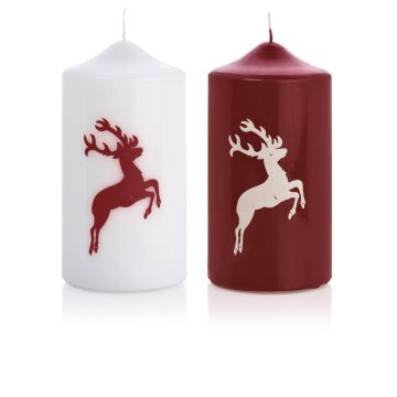 Candela con disegno / Candela di Natale DALDI, disegno di cervo, set di 2, bordeaux, 15cm, Ø8cm, 69h - Made in Germany