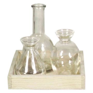Piccole bottiglie di vetro KAYRA, 3 pezzi con vassoio in legno, cilindrico/rotondo, trasparente, 17x17x16cm