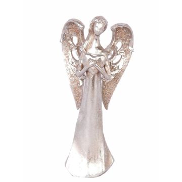 Figura d'angelo decorativo PINTA, cuore in mano, argento-rame, 30cm