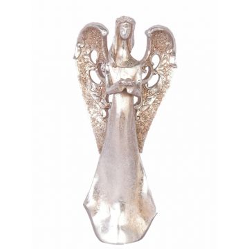 Figura d'angelo decorativo PINTA, fiore in mano, argento-rame, 30cm