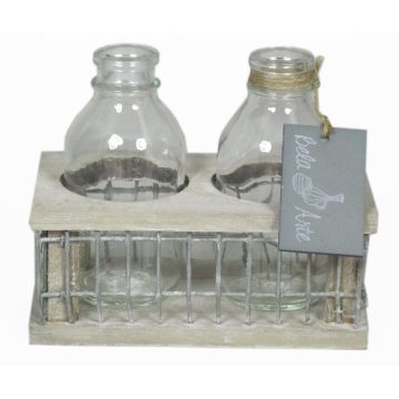 Bottiglie di vetro LEATRICE OCEAN in scatola di legno, 2 vetri, trasparente, 14,5x8x11cm