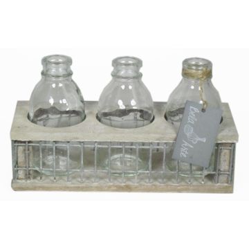 Bottiglie di vetro LEATRICE OCEAN in scatola di legno, 3 vetri, trasparente, 21x8x11cm