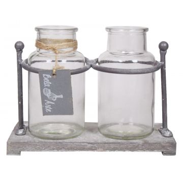 Bottiglie di vetro LORRIE con supporto in legno, 2 vetri, trasparente, 19,5x10x14,5cm