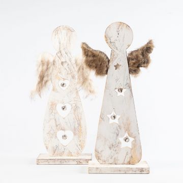 Angelo di legno DIRKE con ali coperte di pelo, campanellino, bianco-beige, 25x9x50cm - figura non selezionabile!