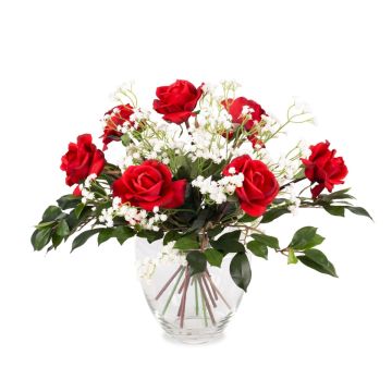 Bouquet di rose artificiali AMELIE, gipsofila, rosso, 45cm, Ø40cm