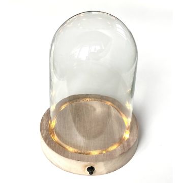 Campana di vetro BENIGNA con LEDs, base in legno, trasparente, 25cm, Ø17cm